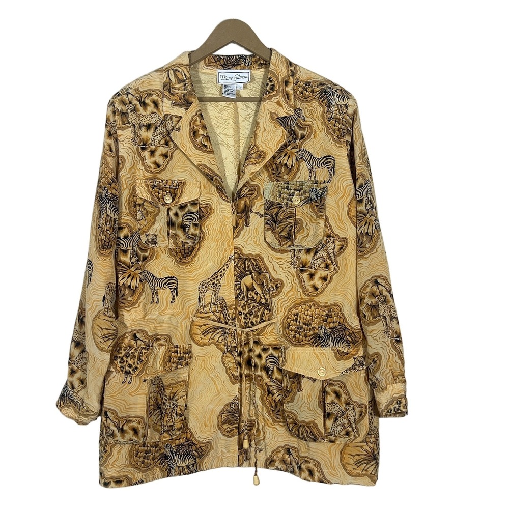Diane Gilman Safari Animal Print Silk Zip Up Utility Jacket Tan Neutral Size 1X